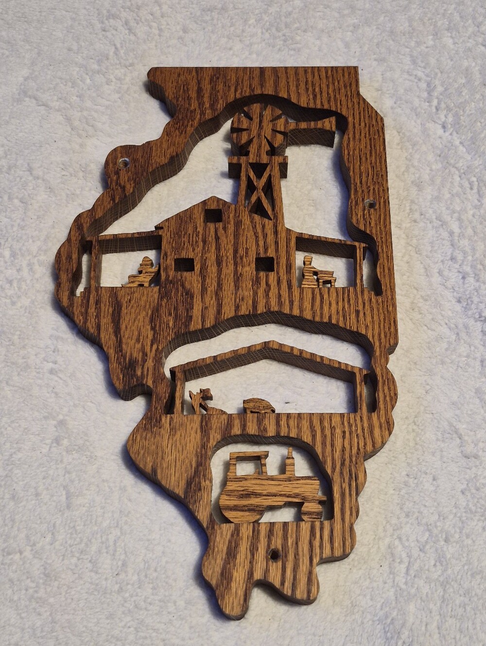 Vintage Handmade Oak Wood Illinois State Cutout Wall Hanging Farm Scene Decor